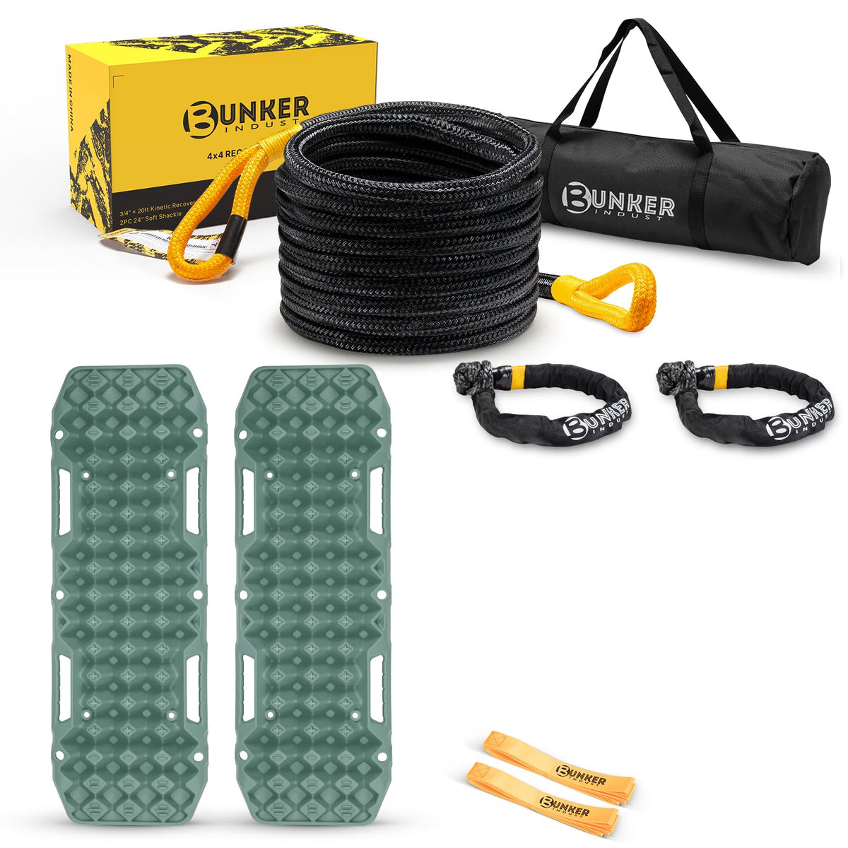 BUNKER INDUST Off-Road Traction Boards (Gen 10) Green + 1"×30ft Kinetic Recovery Rope with 2 Soft Shackles Kit