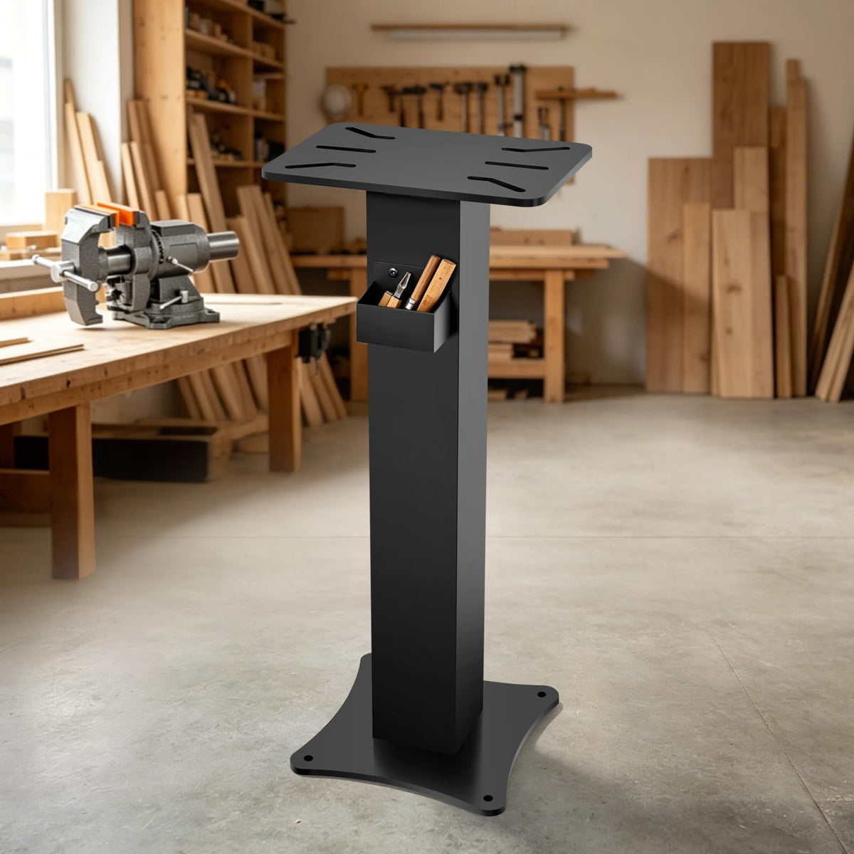 LMYYGOO Bench Grinder Stand, Heavy-Duty Floor Pedestal with 13.77" x 9.84" Mounting Plate, 32.67" Height, Pre-Cut Slots & Water Pot, Compatible with Bench Grinders, Vises, Drill Press and More