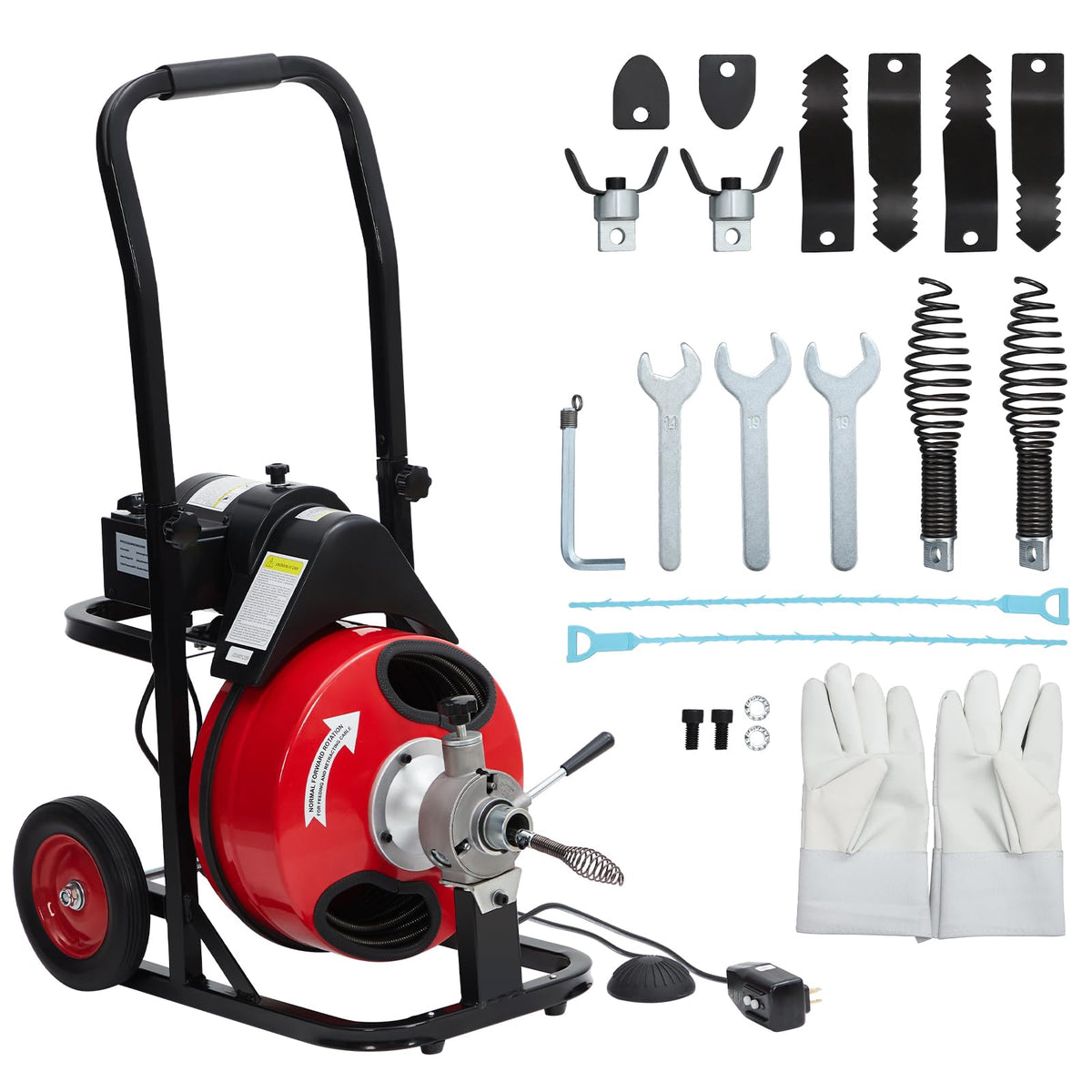 GarveeTech Auto Feed 75 ft x 1/2 in Drain Cleaner Machine with 250W Motor, Portable Sewer Snake Auger with 8 Cutters & Air-activated Foot Switch, Fits 1 in to 4 in Pipes, Black & Red