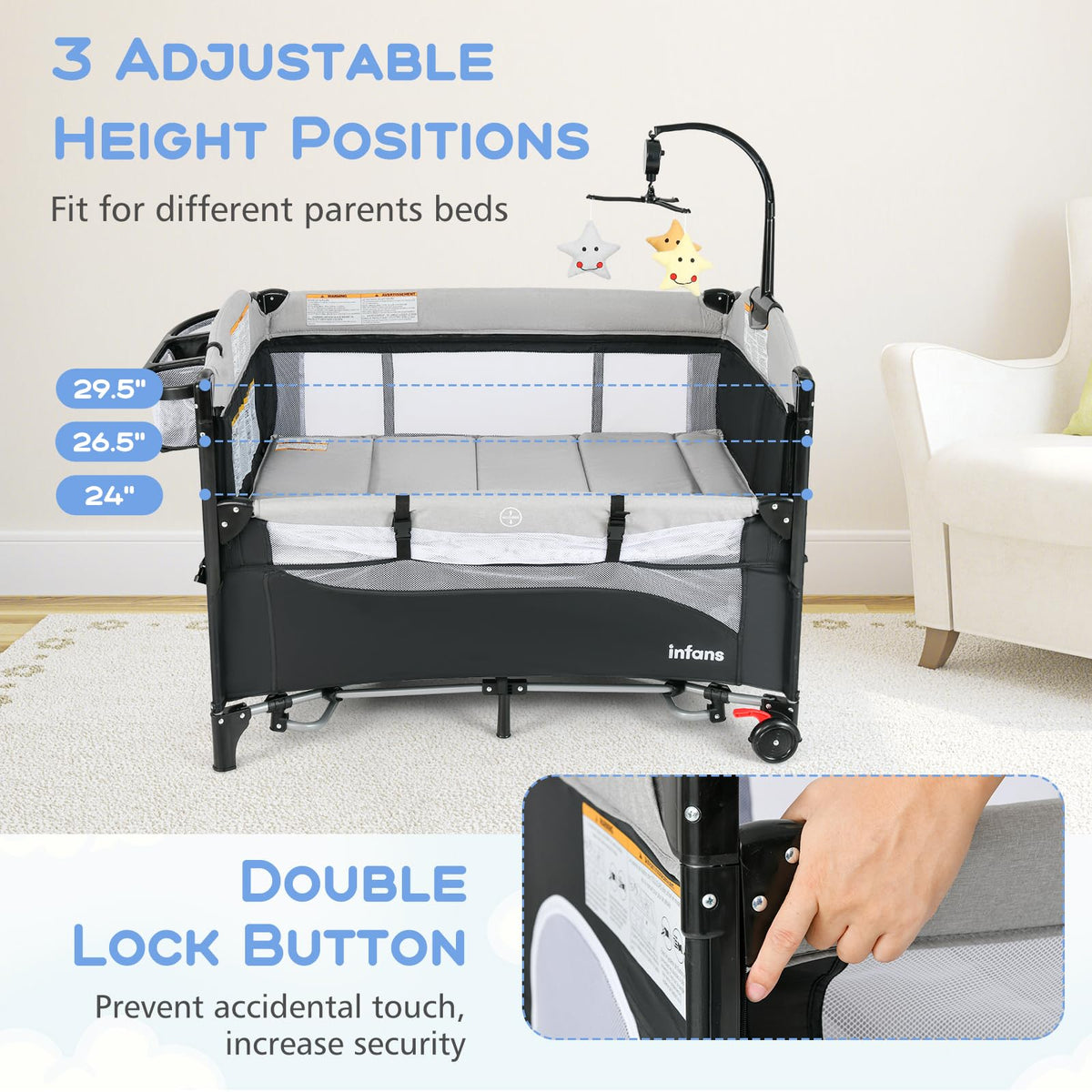 INFANS Pack and Play, 5 in 1 Baby Bedside Sleeper with Bassinet, Diaper Changer, Mattress, Carry Bag, Music Box Hanging Toys, Foldable Bedside Crib, Portable Playard for Newborn Toddlers (Gray)