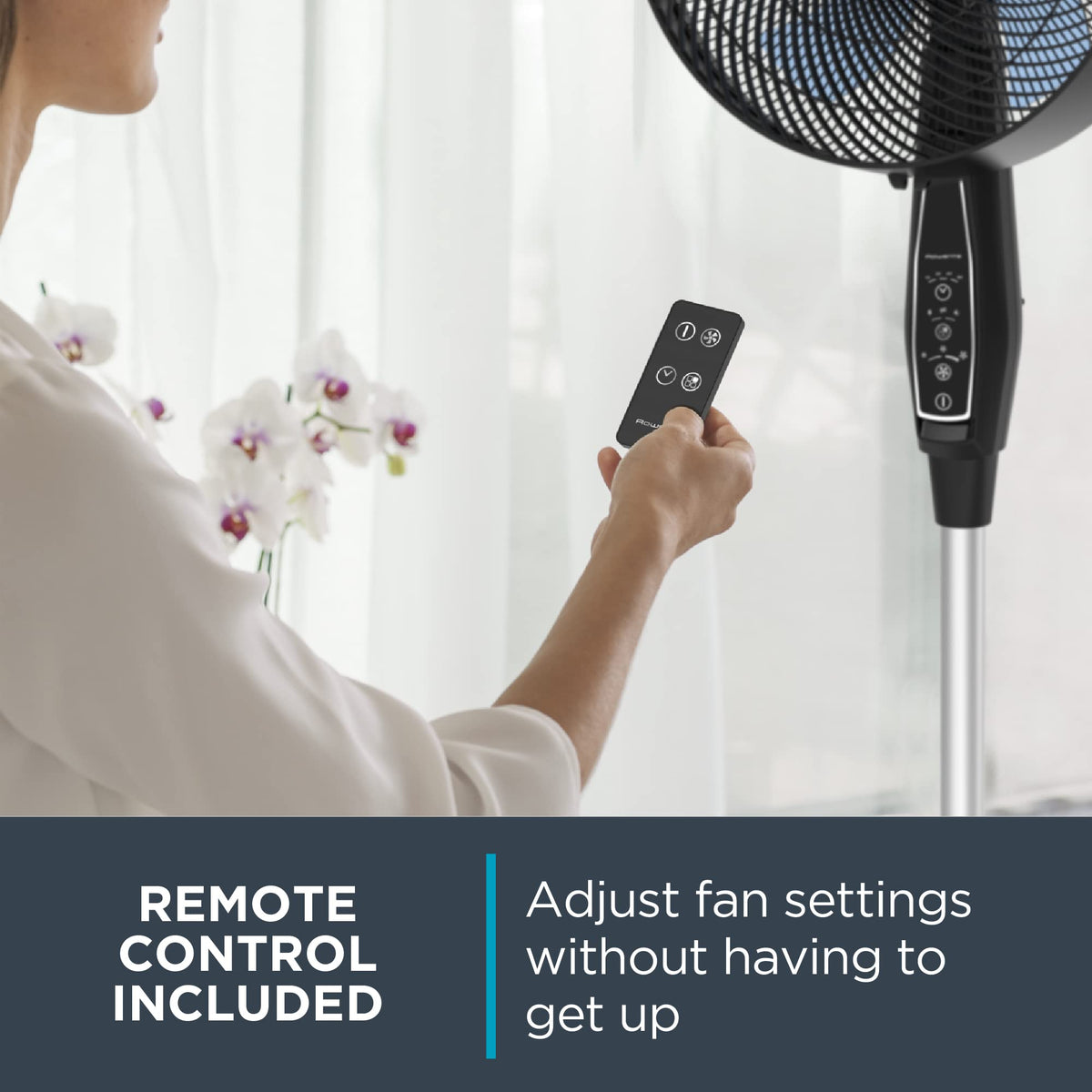 Rowenta, Pedestal Fan, Extreme Outdoor Fan with Remote, 65 Inches, Ultra Quiet Fan, Oscillating, Portable, 3 Speeds, Digital Control, Black, Ourdoor, VU4510