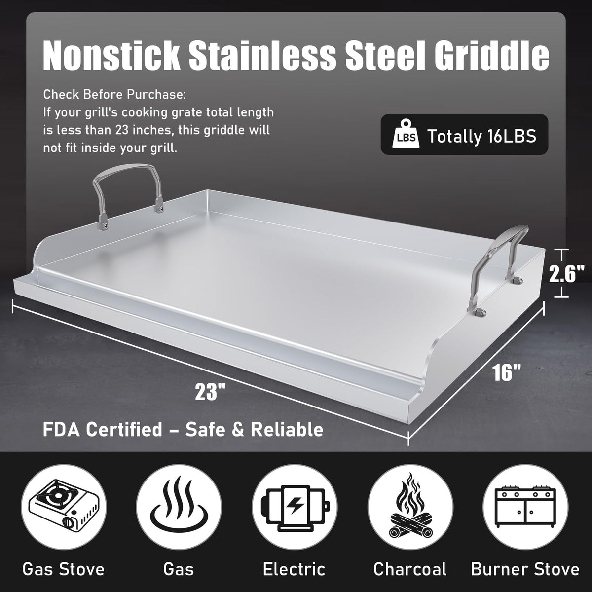 Universal Stainless Steel Cooking Griddle, Nonstick Flat Top Plate Insert for Gas Top Stove and Charcoal Grills, Tailgating, Camping and Parties, 23" x 16" Plancha Para Cocinar