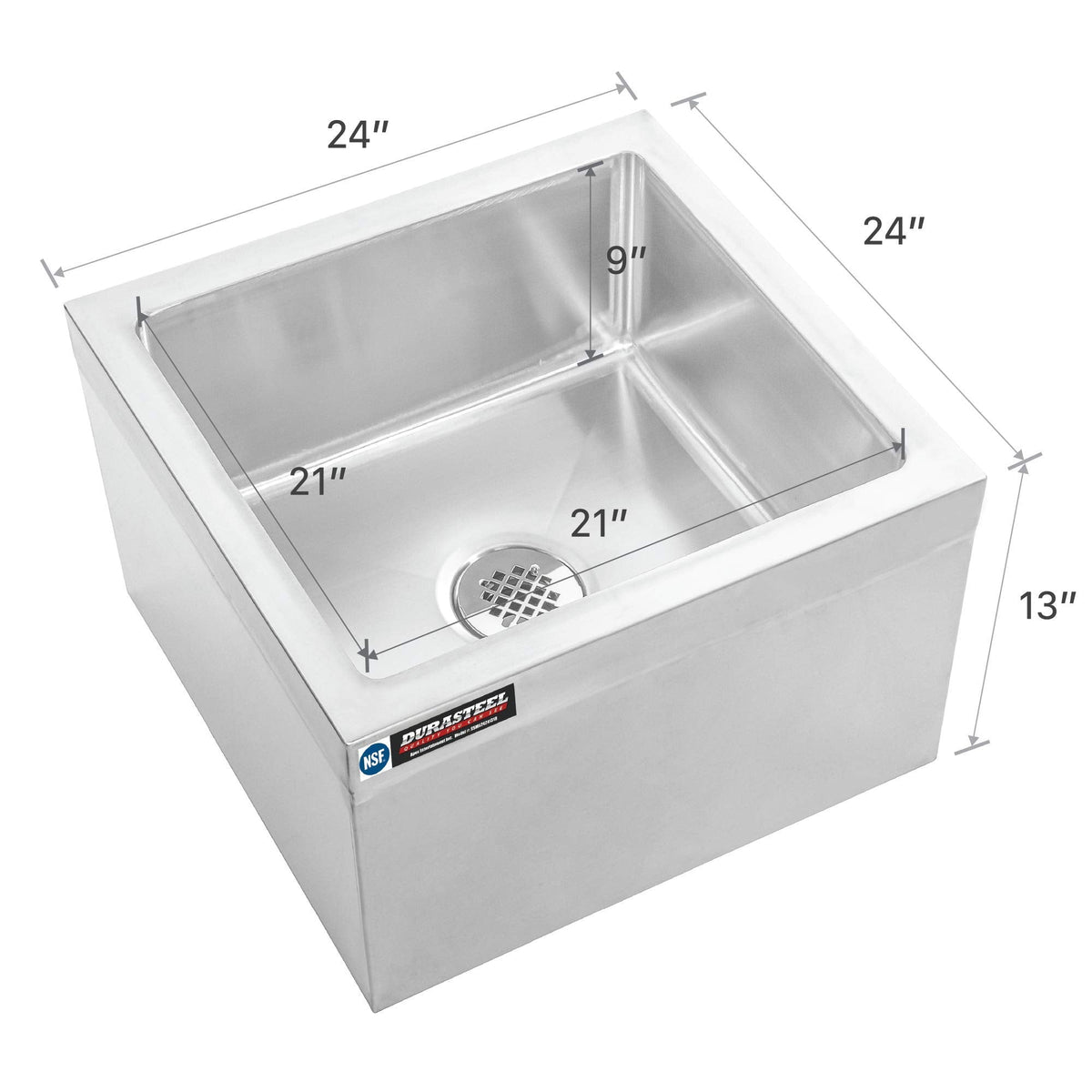 DuraSteel 24x24x13 Commercial Floor Mop Sink - NSF Certified 304 Stainless Steel Utility Room Service Basin with Leak Proof Flat Drain - Large Tub for Dog Washing, Filling Water Bucket, Cleanup