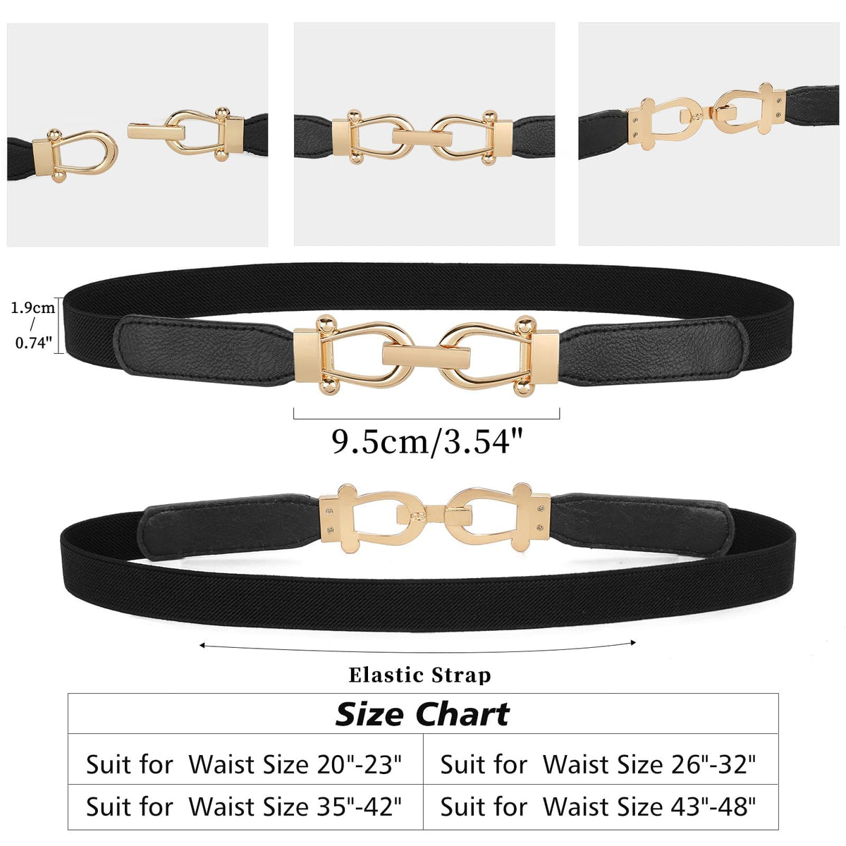 JASGOOD Women Skinny Elastic Stretch Belts for Dresses Retro Ladies Waist Gold Buckle Thin Belts 3 Pack, Brown+Black+Beige
