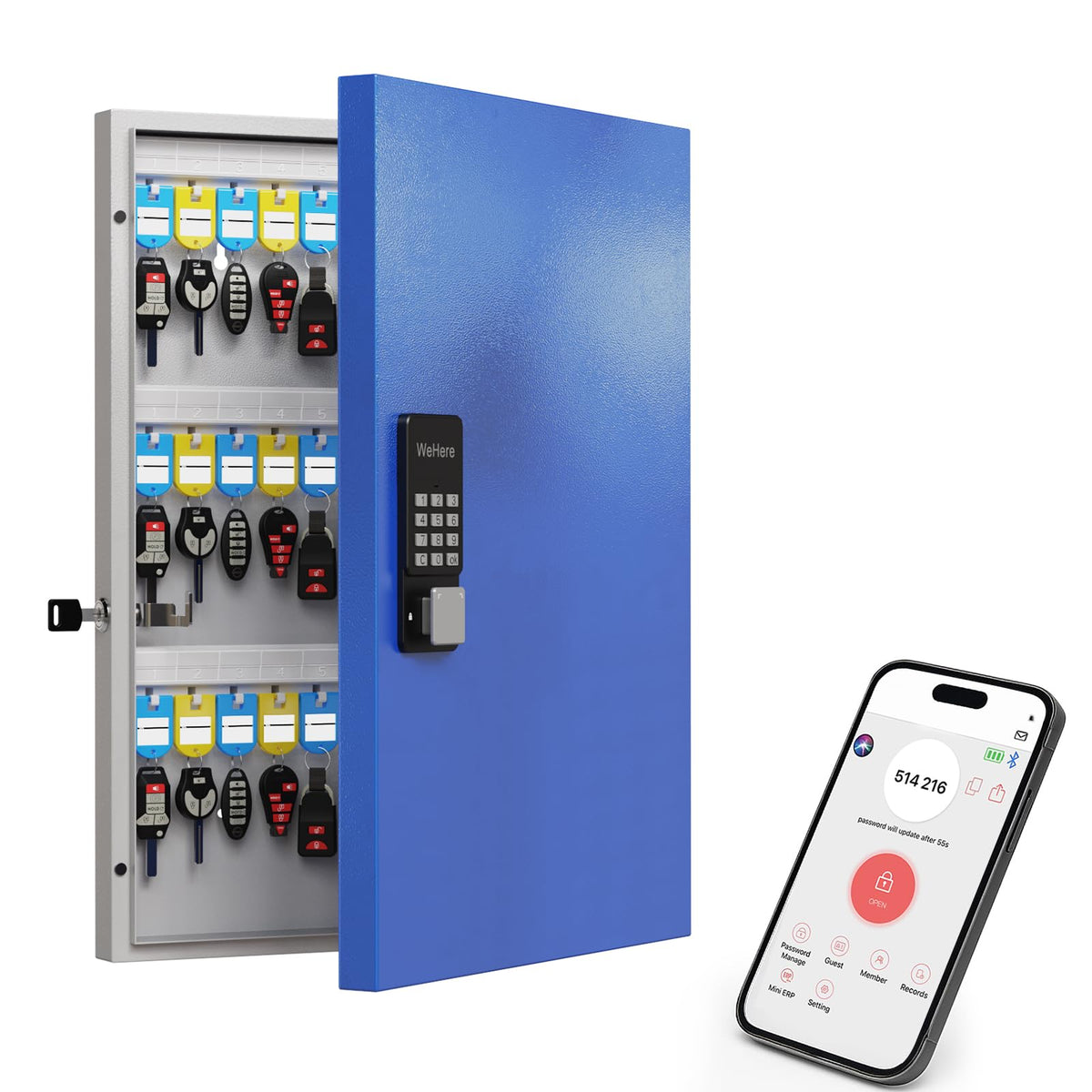 WeHere 72-Key Smart Key Lock Box, Wall-Mount Key Cabinet with Key Management App(Track Key Borrow/Return), Keypad, Bluetooth & WiFi Unlock (Sold Separately) for Commercial, School, Rental, Office