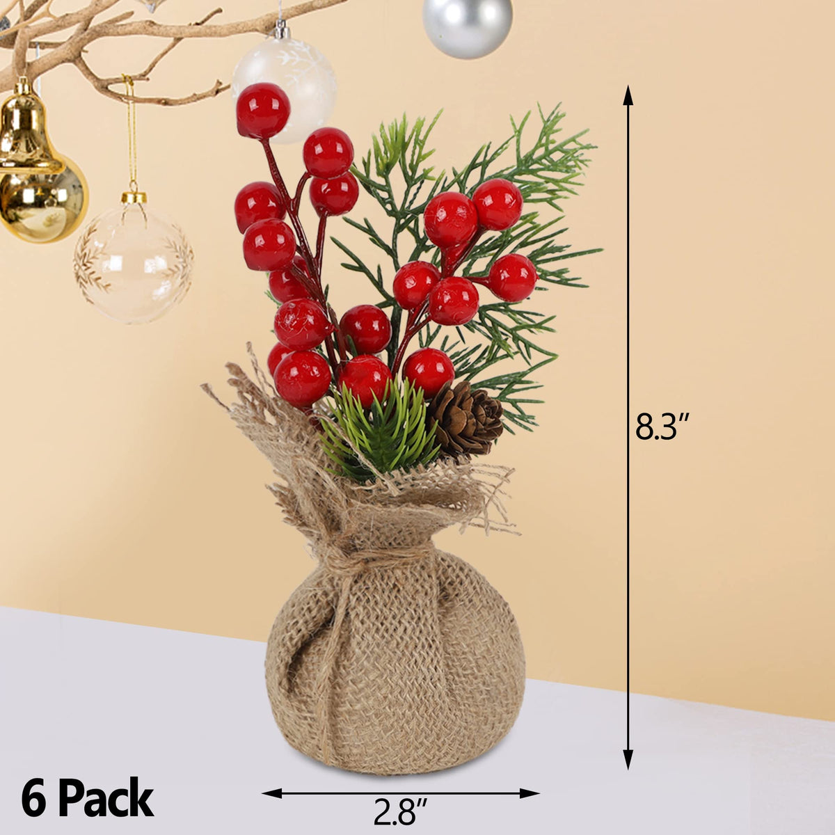 winemana 6 Pcs Mini Christmas Tree Table Decorations, 8" Small Artificial Trees with Red Berries Pine Cone Greenery Tabletop Centerpiece for Home Office Room Holiday Decorations