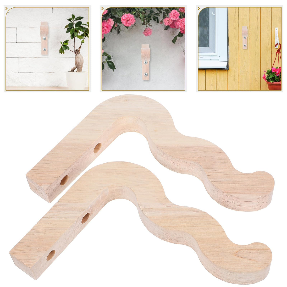 DECHOUS 2pcs Wooden Wall Hooks Flowerpot Hanging Brackets for Indoor Outdoor Garden Balcony Plant Hanger Brackets Wind Chime Holder Decorative Natural Wood