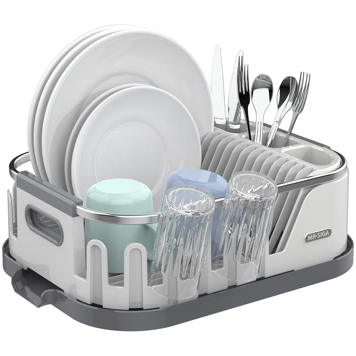 MR.SIGA Dish Drying Rack for Kitchen Counter, Compact Dish Drainer with Drainboard, Utensil Holder and Cup Rack, Plastic Kitchen Drying Rack for Dishes, Cups, Knives, Spoons and Forks, White