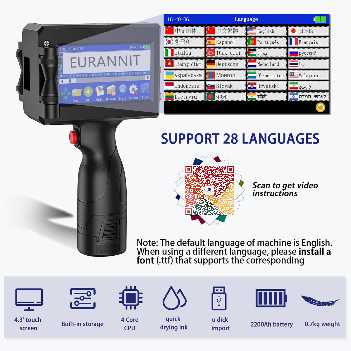 Eurannit E15-1 Handheld Inkjet Printer - 1 Inch Print Height with ER521 Black Ink Cartridge, Portable Coding Gun for Text, QR Code, Barcode on Carton, Plastic & Uneven Surfaces
