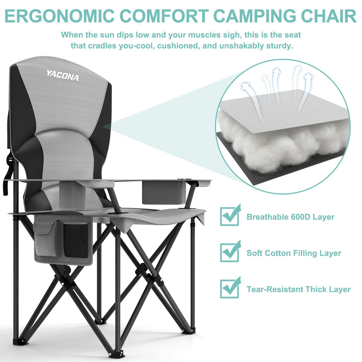 Oversized Camping Chairs 2 Pack - 500lbs Support Folding Camping Chair for Adults w/Padded Back & Arm Sport Chairs, Cup Holder Cooler Bag, Heavy Duty Portable Lawn Chairs for Sports Garden Beach
