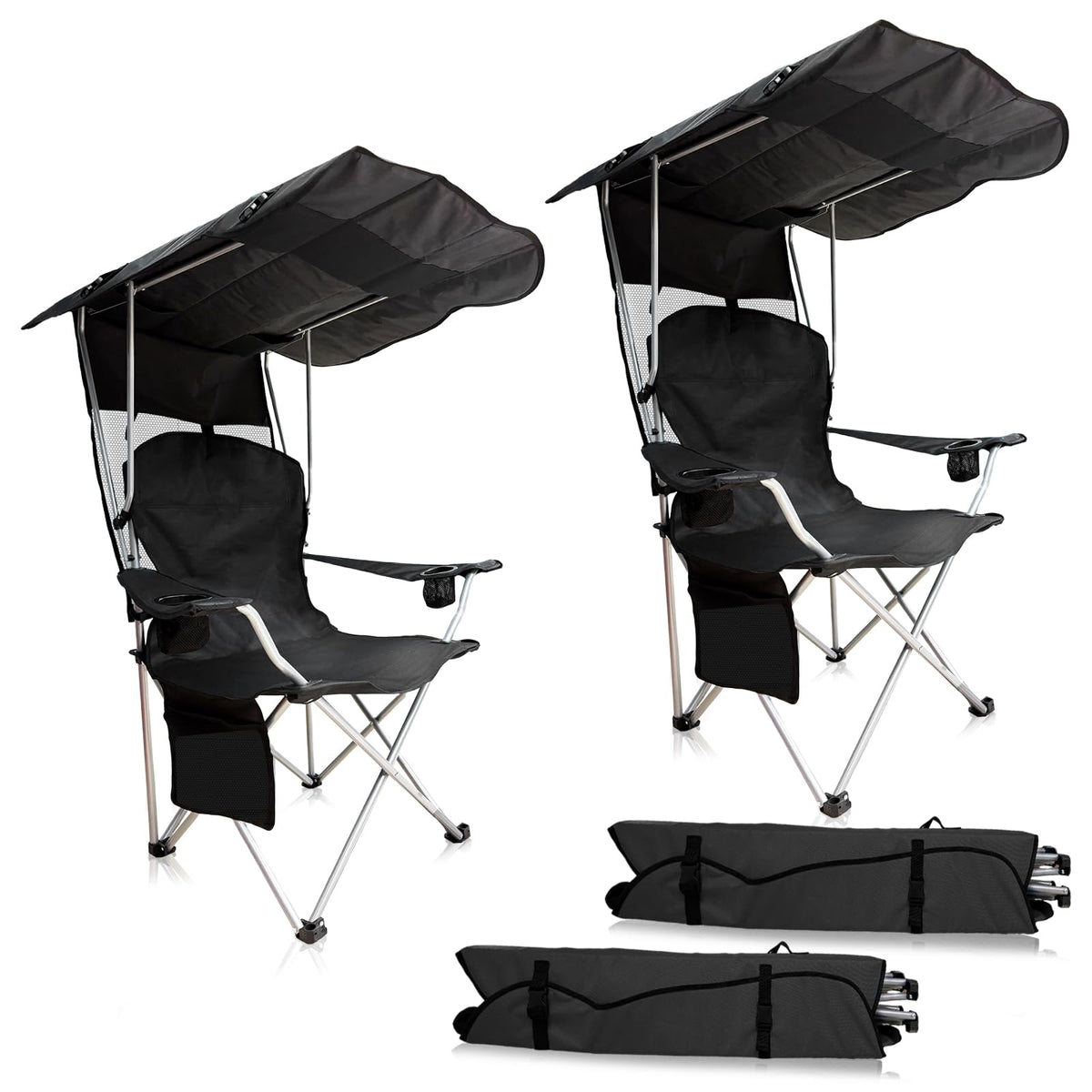 CAMP SOLUTIONS Portable Camping Chair with Canopy Shade- Folding Camping Lounge Chair with Cup Holder & Side Pocket for Outdoor Camping, Fishing, Beach - Support 330 LBS(BLACK-2PK)