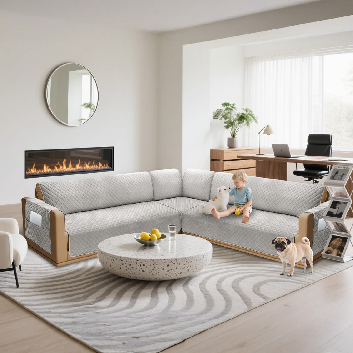 SYJOVIA Sectional Couch Covers for Dogs 100% Waterproof Corner L Shaped Sofa Cover Pet Friendly Velvet Washable Anti Slip L Shape Modular Sofa Slipcover Protector with Pockets (Light Gray, Small)