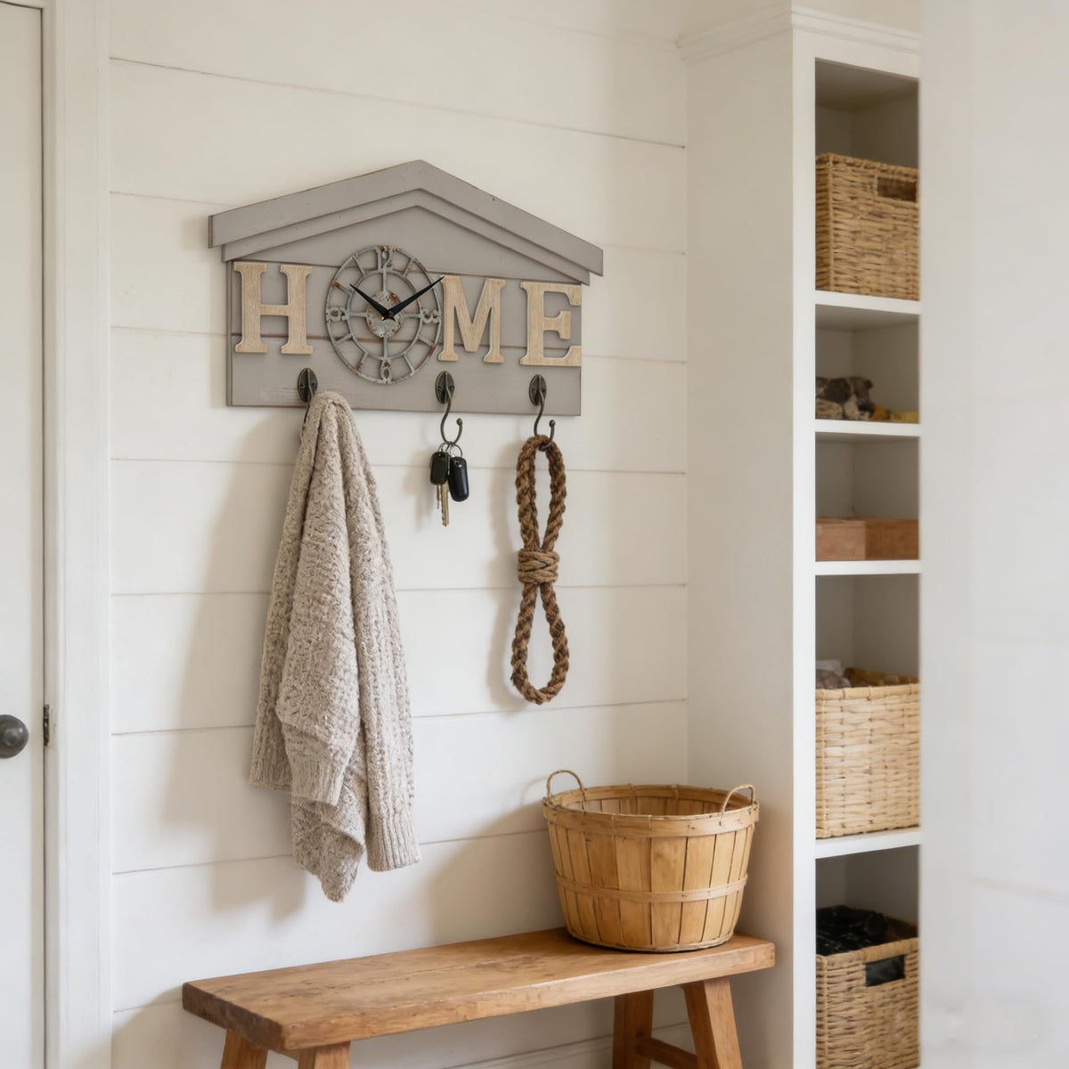 Farmhouse Battery Operated Wall Clock with Hooks Rustic Wooden Entryway Organizer with 3 Metal Hooks Key Hanger HOME letters Silent Quartz Clock Key Holder Wall Decor for Entryway Kitchen, Living Room
