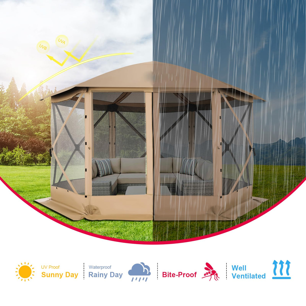 COBIZI 12x12 FT Pop Up Canopy Stargazing Tent, Gazebos On Clearance with Removable Roof, Screened in Gazebo, Screen Tents Portable carpas para Patio for Outdoor Camping,Backyard, Garden, Khaki(Pro)