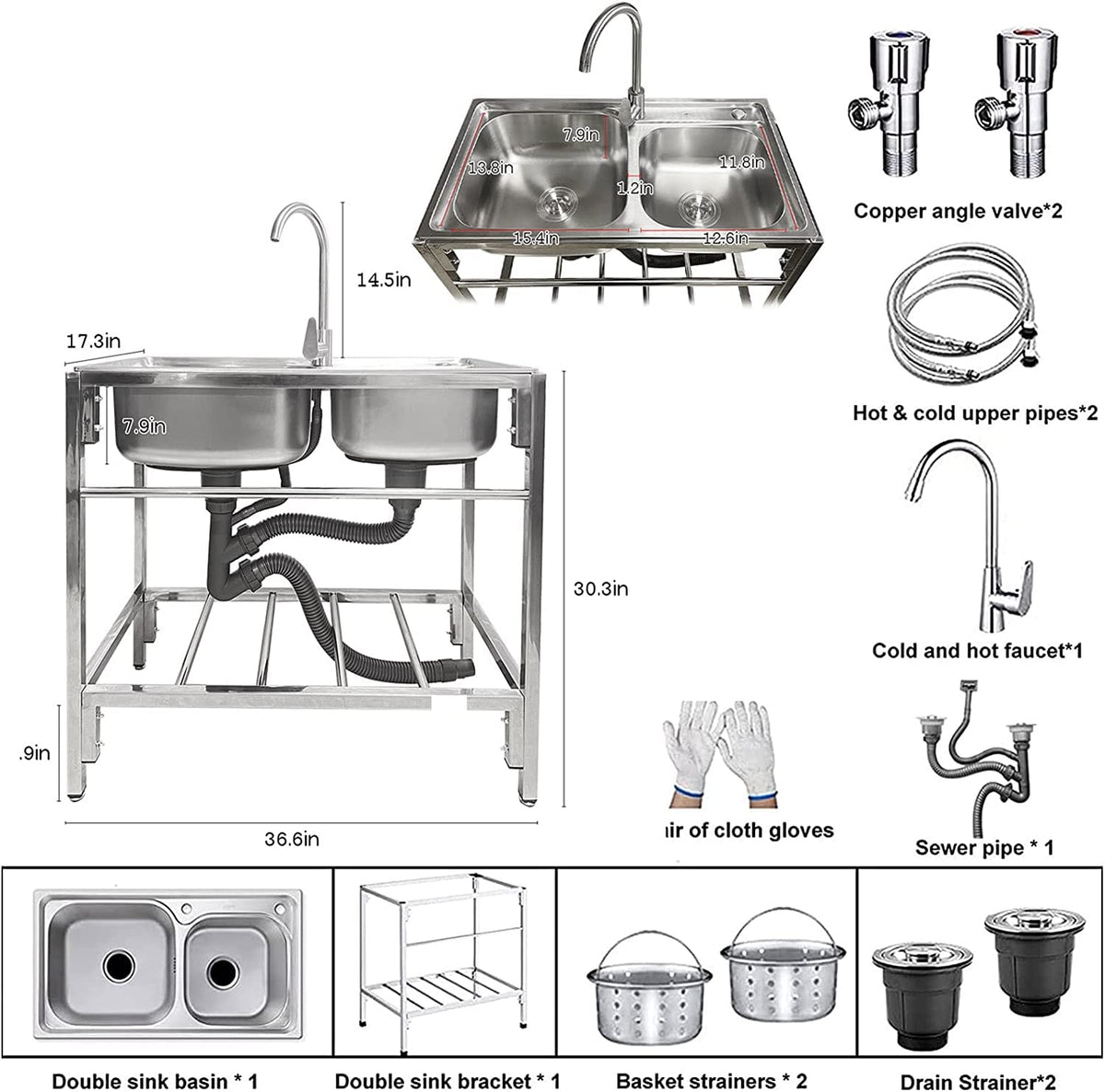 Outdoor Utility Sink Stainless Steel Double Bowl Sink Free Standing Commercial Restaurant Kitchen Sink with Hot and Cold Faucet for Laundry,Garage,Cafe Bar 32.7" x 17.3" x30.3"