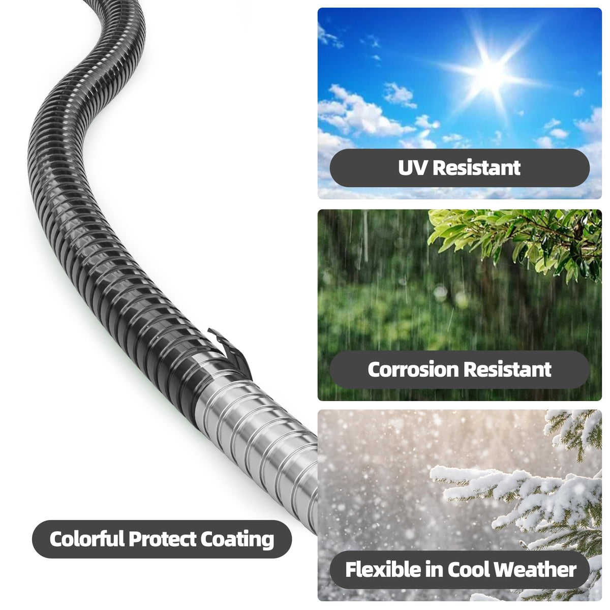 SPECILITE 50ft 304 Stainless Steel Garden Hose Metal, Heavy Duty Water Pipe with Nozzles for Yard, Outdoor - Flexible, Never Kink & Tangle, Puncture Resistant (Black)