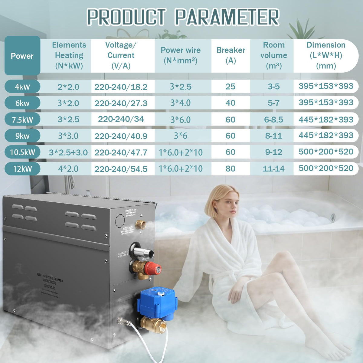 6KW Steam Generator-Quick start continuous steam，with Black digital control panel Self-Draining System, 95-131°F Temp Control,Can be used for heating a space area of 6m³/211Cu.ft.(6KW 220V)