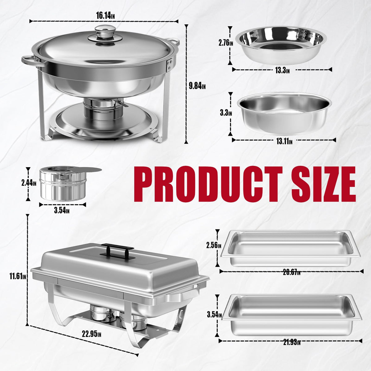 IMACONE Chafing Dish Buffet Set 4 Pack, 8 QT Rectangle & 5QT Round Stainless Steel Chafer for Catering, Chafers and Buffet Warmer Sets w/Food & Water Pan, Lid, Fuel Holder for Event Party Holiday