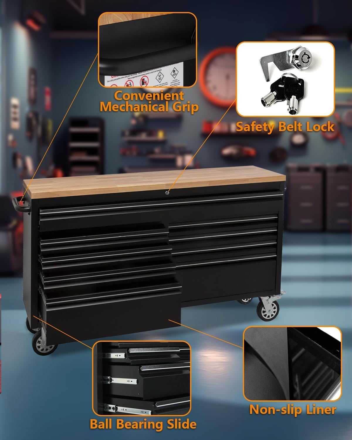 MERXENG 61 Inch Tool Chest, Tool Box Mobile Workbench, 9 Drawers Storage Lockable Rolling Metal Storage Cabinet with 4 Wheels for Garage Workshops Warehouse, Black