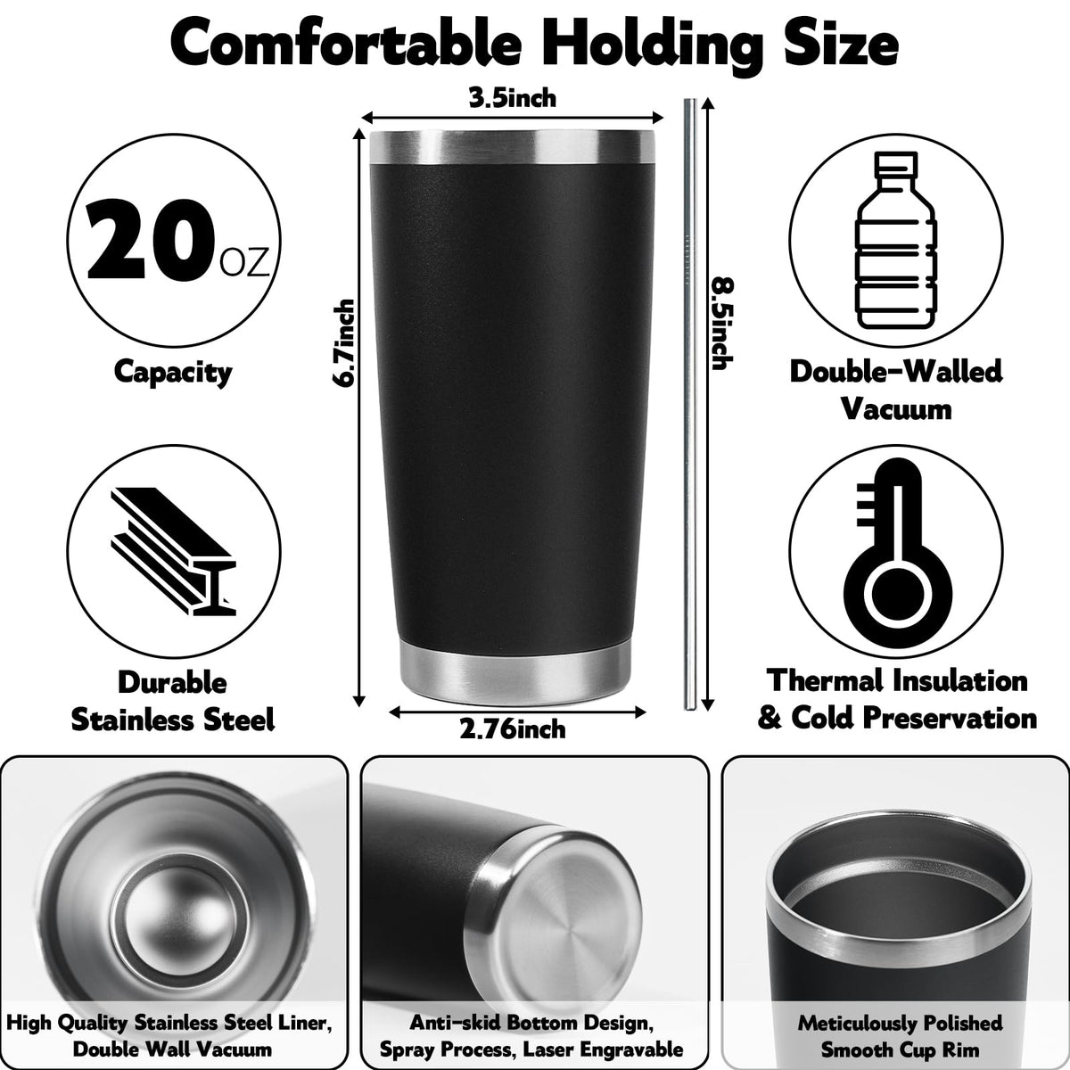 KDJFIIH 24 Pack Black 20oz Stainless Steel Tumblers with Lids & Straws, Double Wall Vacuum Insulated Leakproof Travel Mug for Hot/Cold Drinks, Powder Coated Bulk Cups for Wedding Party Office Gift