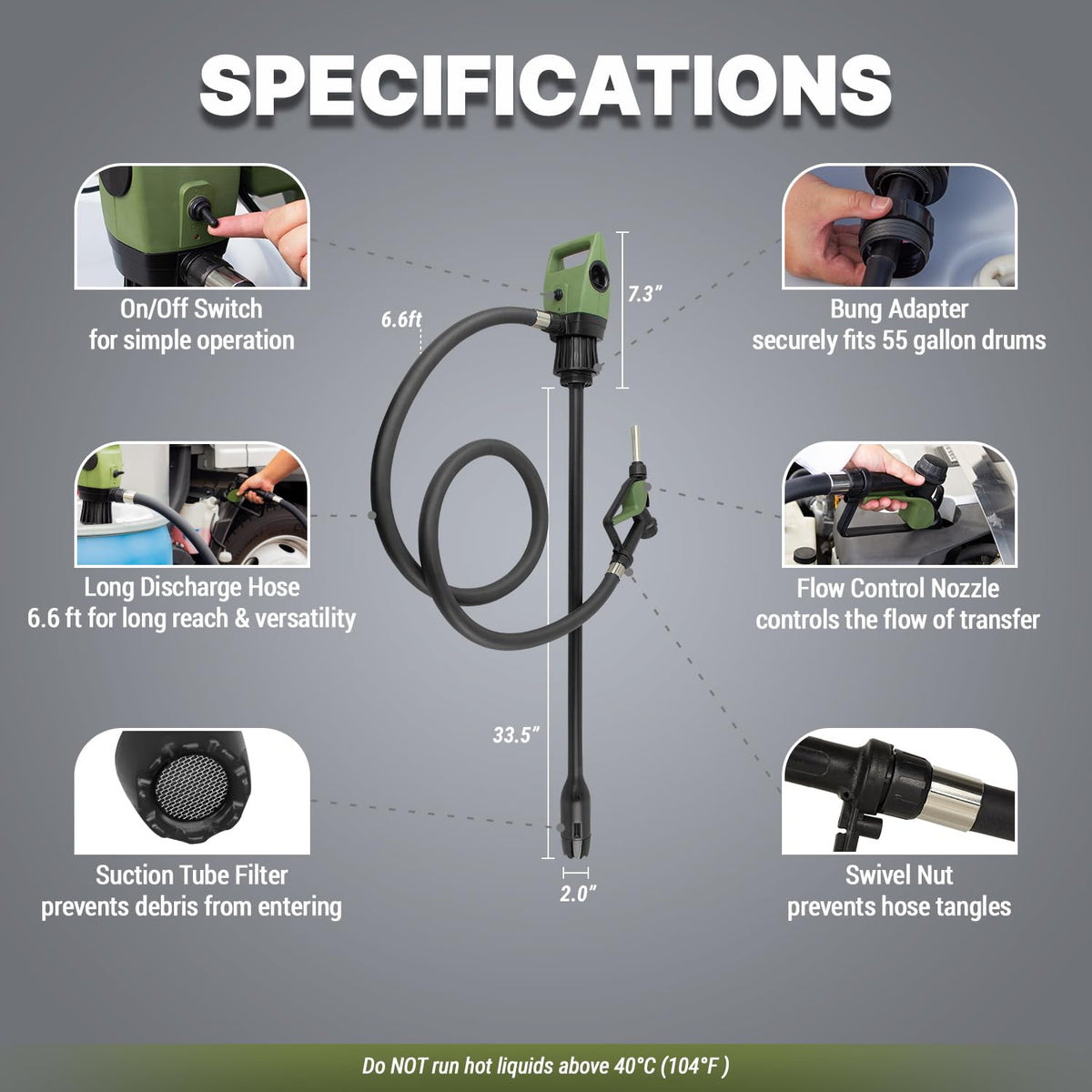 TERA PUMP Electric DC20V Drum Transfer Pump, Intake Filter-equipped, 55 Gallon Drums, Flow Control Nozzle, 7.6 Gal/Min
