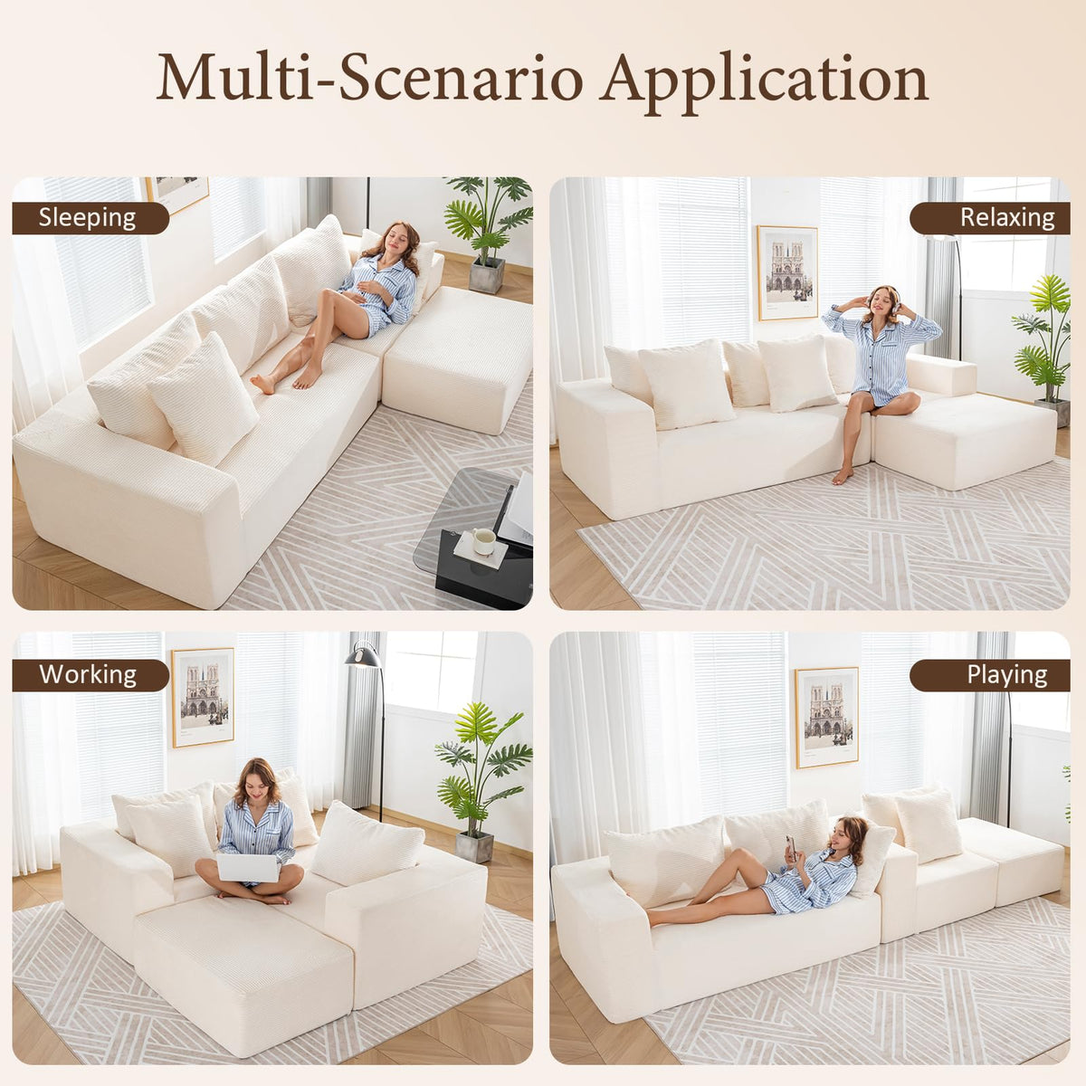 INGEROOM 108" Cloud Sectional Couch with L-Shape Chaise, Modular Sofa Memory Foam, Boneless Sofa with Movable Ottoman, Upholstered Couches for Living Room Bedroom, No Assembly Required, Beige