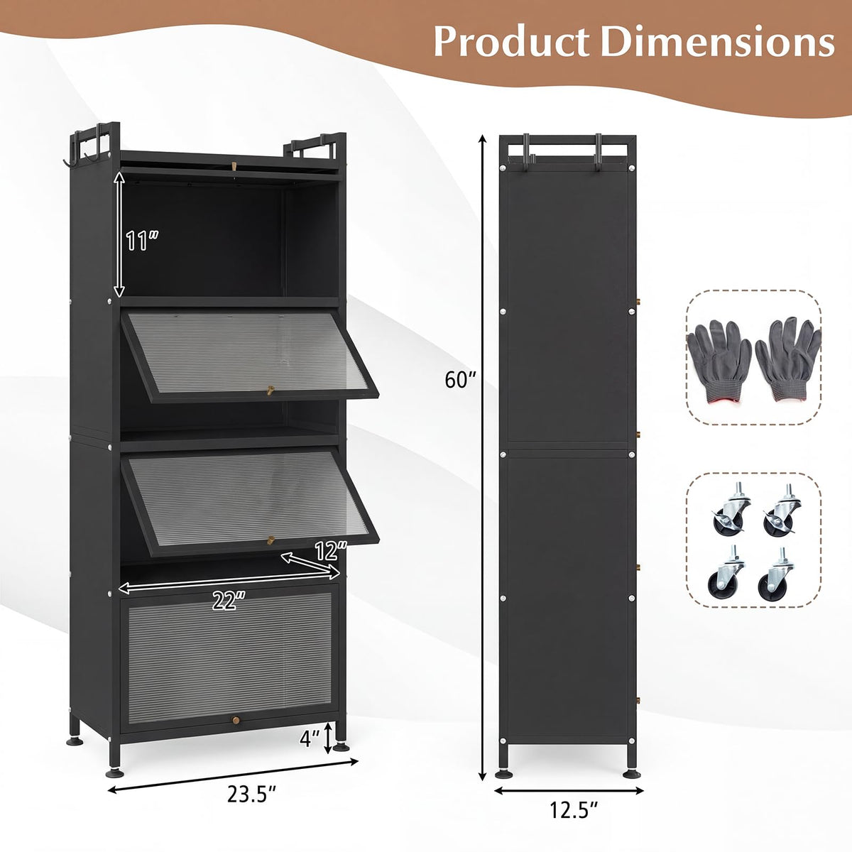Giantex 5-Tier Kitchen Storage Cabinet, Mobile Microwave Stand with Flip-up PC Doors, Freestanding Kitchen Bakers Rack with 4 Rolling Casters, for Dining Room, Living Room and Study, Black