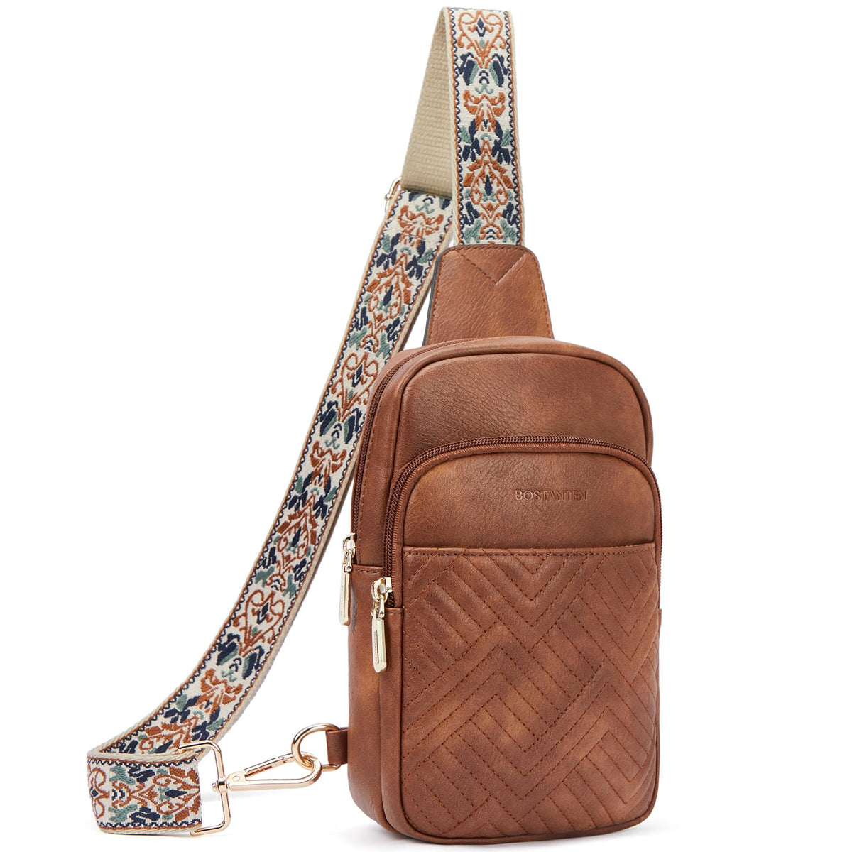 BOSTANTEN Sling Bag Quilted Crossbody Bags for Women Cross Body Purse PU Leather Fanny Pack with Adjustable Guitar Strap