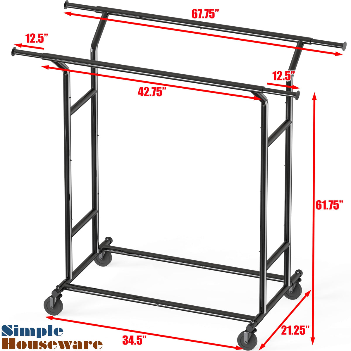 Simple Houseware Heavy Duty Double Rail Clothing Garment Rack, Holds Up to 200 lbs, 43 to 67 Inches Extendable Rod, Black