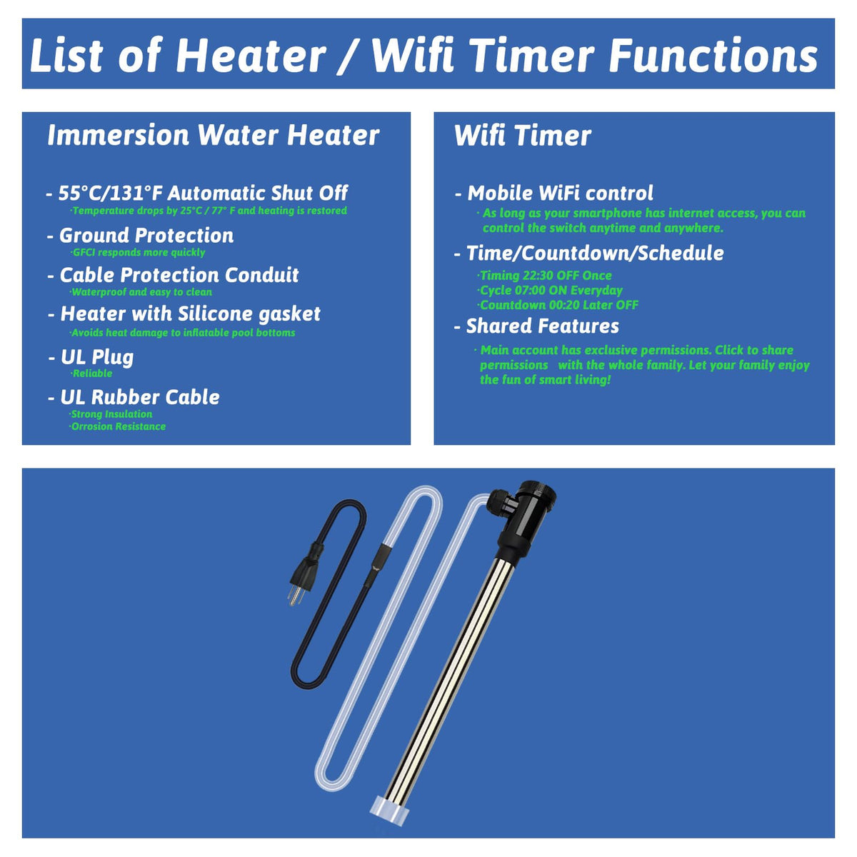 XCLBTFDC 1500W Submersible Water Heater Portable Electric Pool and Hot Tub Immersion Water Heater with Temp Control, WiFi Timer for Bathtub, Spa, Swimming pool, above ground pool and Inflatable Pool