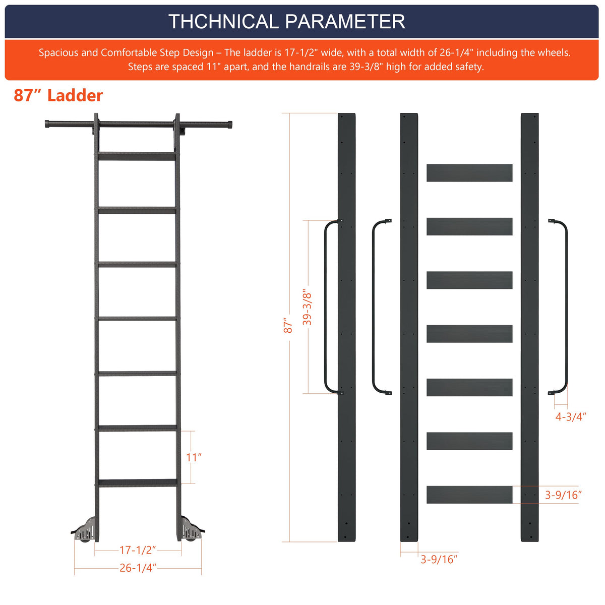 HARDJULAN 87" Telescopic Sliding Library Ladder with Handrail – Lightweight Aluminum Rolling Ladder with Braking Wheels, 4FT Hook Ladder Track Kit for Home, Loft, and Bookshelves