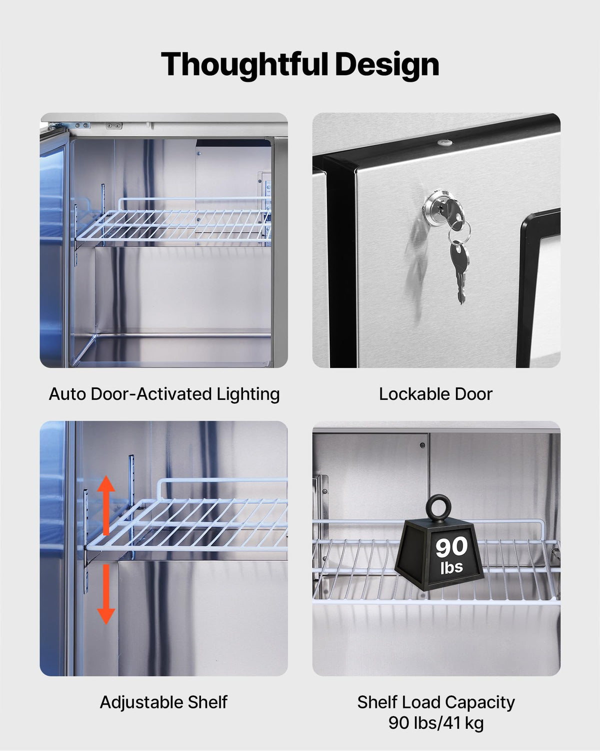 VEVOR 60" W Commercial Freezer, 14.8 Cu.Ft Worktop Freezers Undercounter with LED Auto Lighting and Lockable Door, 2 Doors Food Freezing Prep Worktable, Stainless Steel Prep Frozen Table with Casters