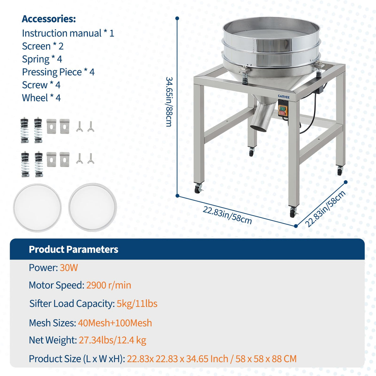 Automatic Powder Sifter Machine, Electric Flour Sieve Shaker with 40 Mesh & 100 Mesh Stainless Steel Screens, High-Speed Sifting Machine for Baking, Food