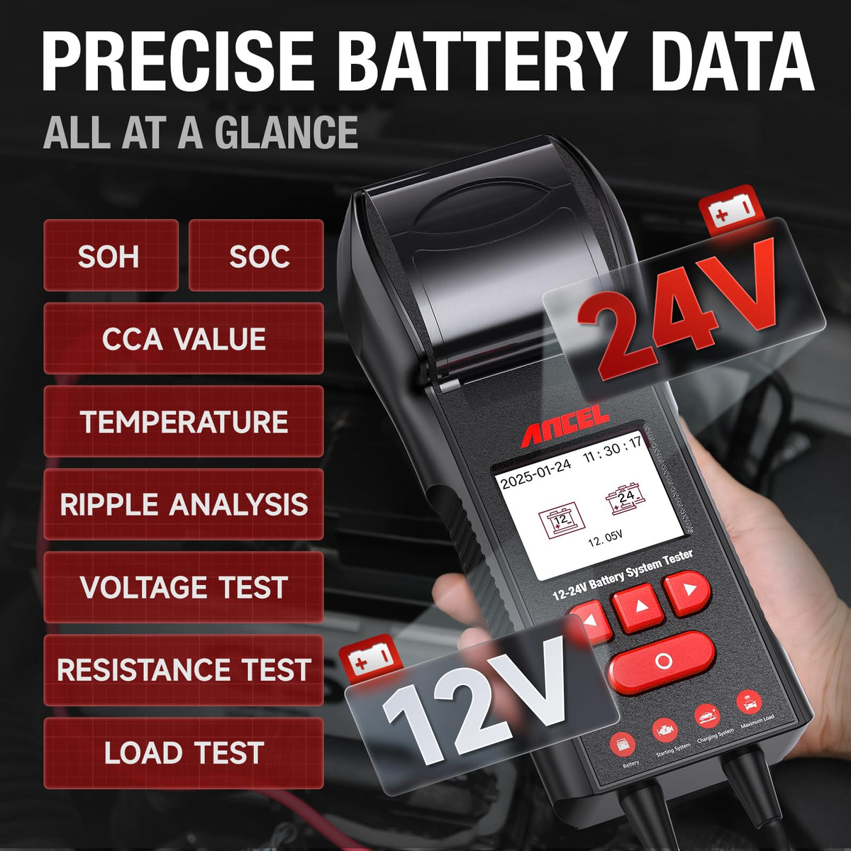 ANCEL BST600 12V 24V Battery Tester with Printer, 100-2000 CCA Lead-Acid Battery Alternator Tester, Cranking Charging System Analyzer for Cars Trucks RV Marine Motorcycles