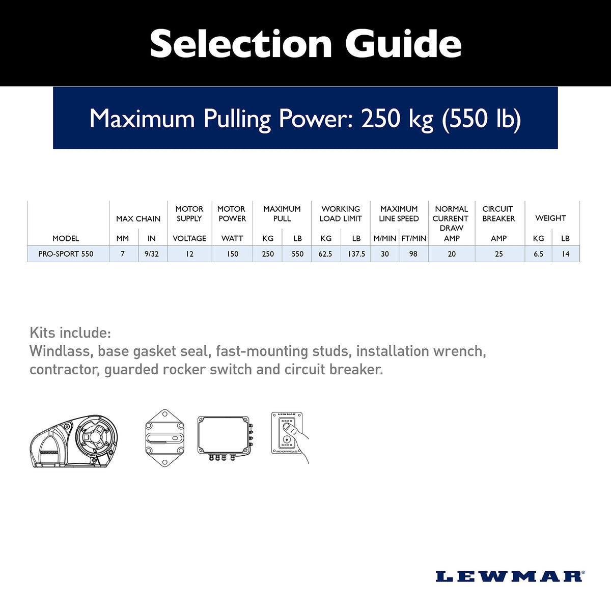Lewmar Pro Sport 550 12V Windlass for 1/4" G4 Chain, Manual Freefall, Maximum pull 550 lbs., Port Side Mounted Gypsy, for Boats 20'-30' - 2020201167