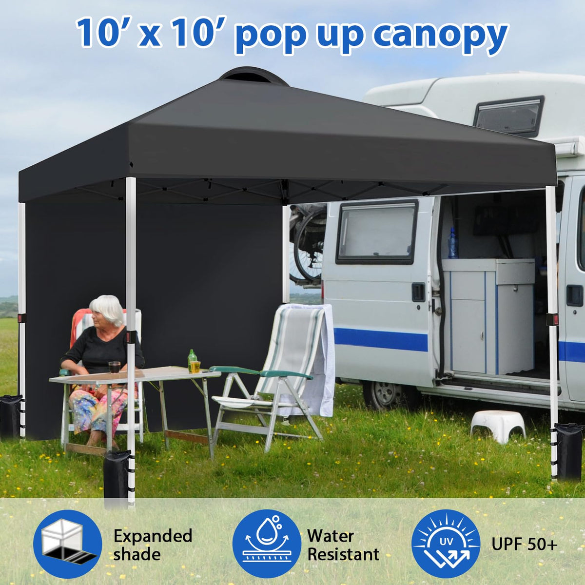 VOYSIGN Durable 10 x 10 Pop-up Canopy Tent with 1 Sidewall, Portable Instant Camping Beach Canopy Tents, Black