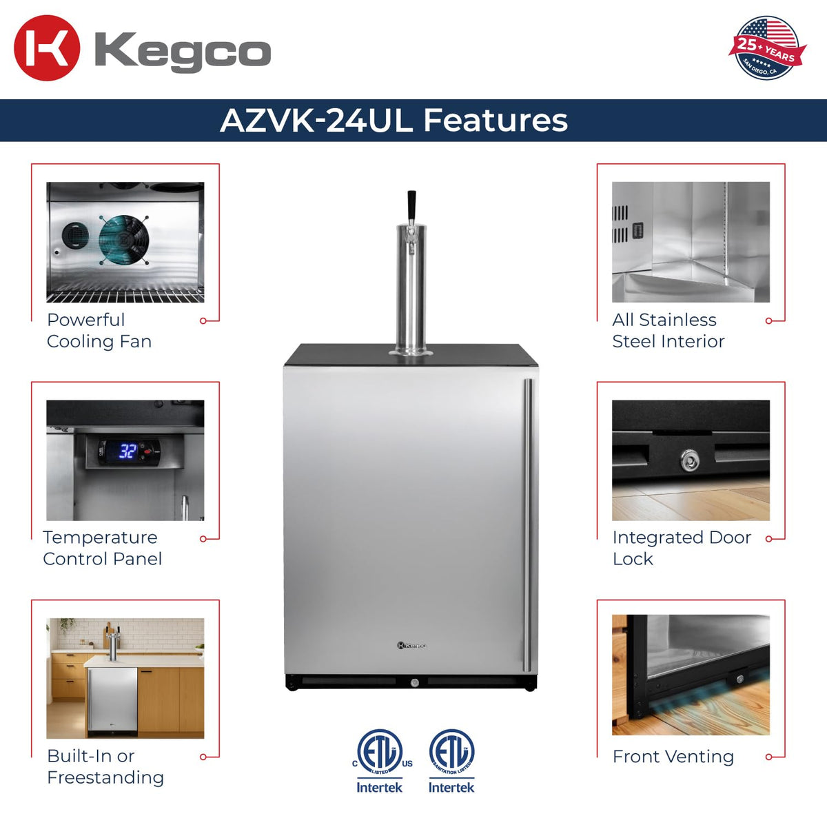 Kegco 24" Wide Single Tap Stainless Steel Built-In Left Hinge Kegerator with Dispense Kit