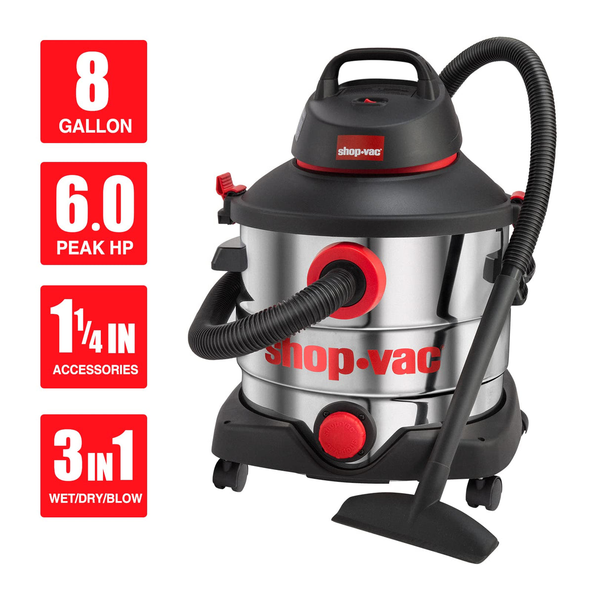 Shop-Vac 5989400 8 Gallon 6.0 Peak HP Wet/Dry Vacuum + 90585 Foam Sleeve Filter 5 Pack