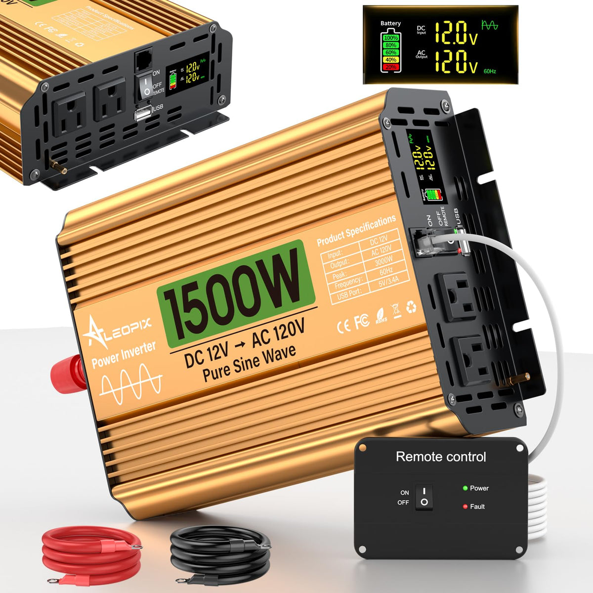 1500 Watt Inverter 12V DC to 110V/120V AC, Pure Sine Wave Inverter for Truck/RV/Home/Solar/Off-Grid, Surge 3000W Pure Sine Power with 2 AC Sockets, 5V 3.4A USB, Digital Display, Remote Controller