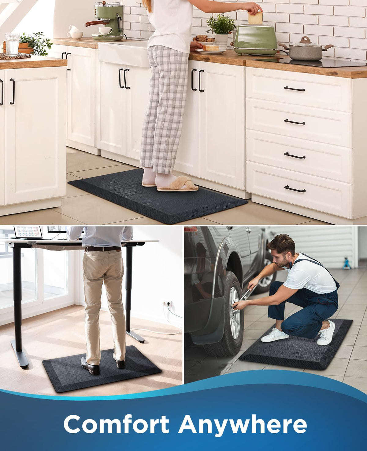 Ophanie Kitchen Mats for Floor, 3/4 inch Thick, 20x39 Anti Fatigue Cushioned Mat, Kitchen Rugs, Waterproof, Comfort Ergonomic Standing Mat for Office, Home, Sink, Black Non-Slip Ridged Bottom