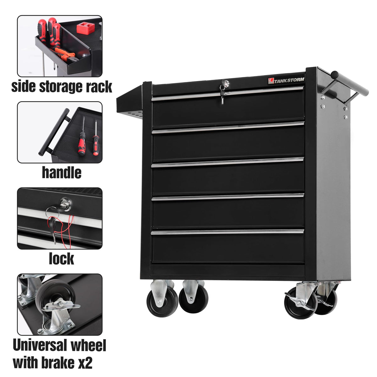 TANKSTORM 5-Drawer Rolling Tool Chest with Wheels, Heavy Duty Lockable Metal Tool Cabinet, Rolling Tool Box Organizer for Garage, Workshop, Repair Shop, Black