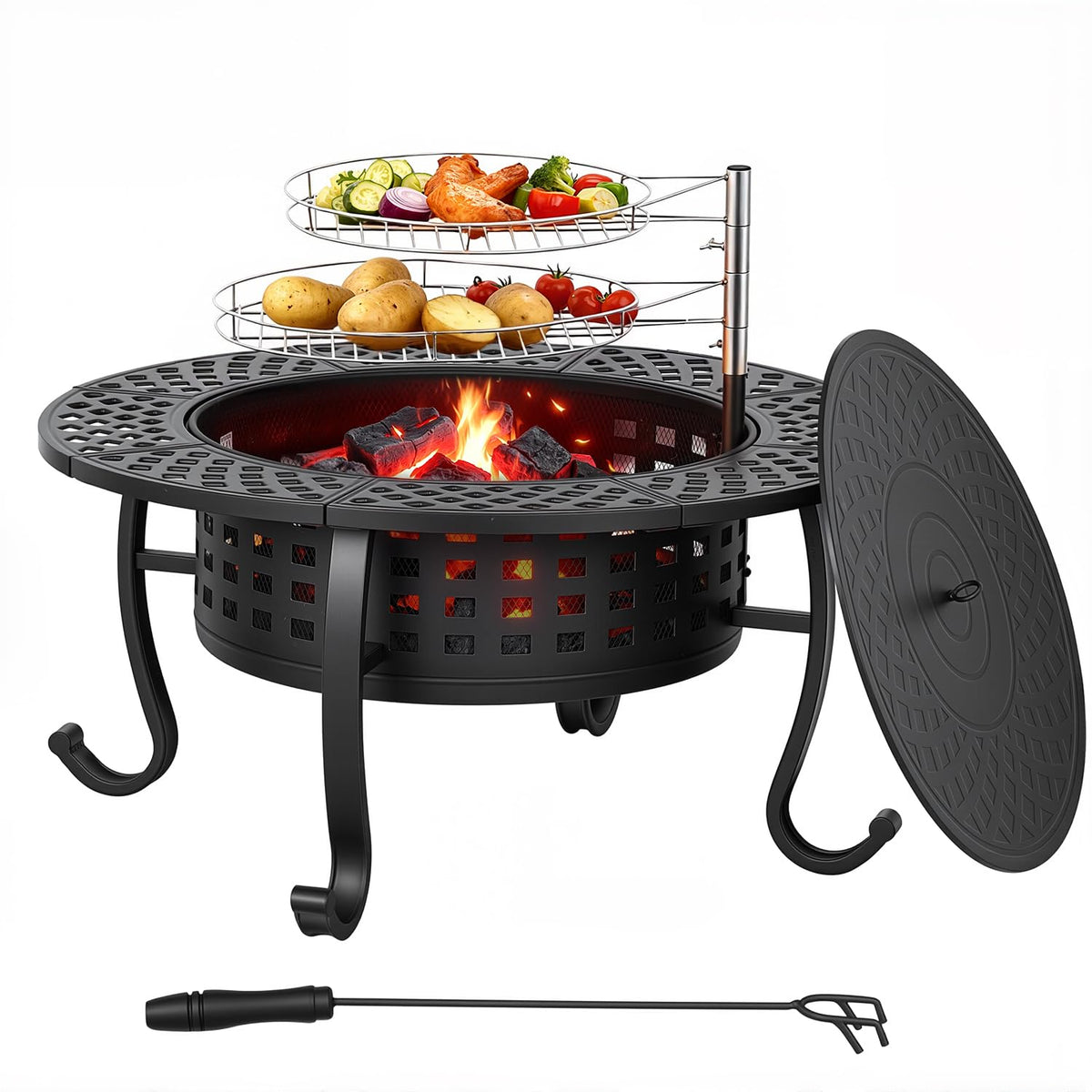 FDW 36 Inch Fire Pit with 2 Adjustable Grills,Wood Burning Fire Pits for Outside with Lid & Fire Poker, BBQ& Outdoor Firepit & Round Metal Table 3 in 1 for Patio, Picnic, Party