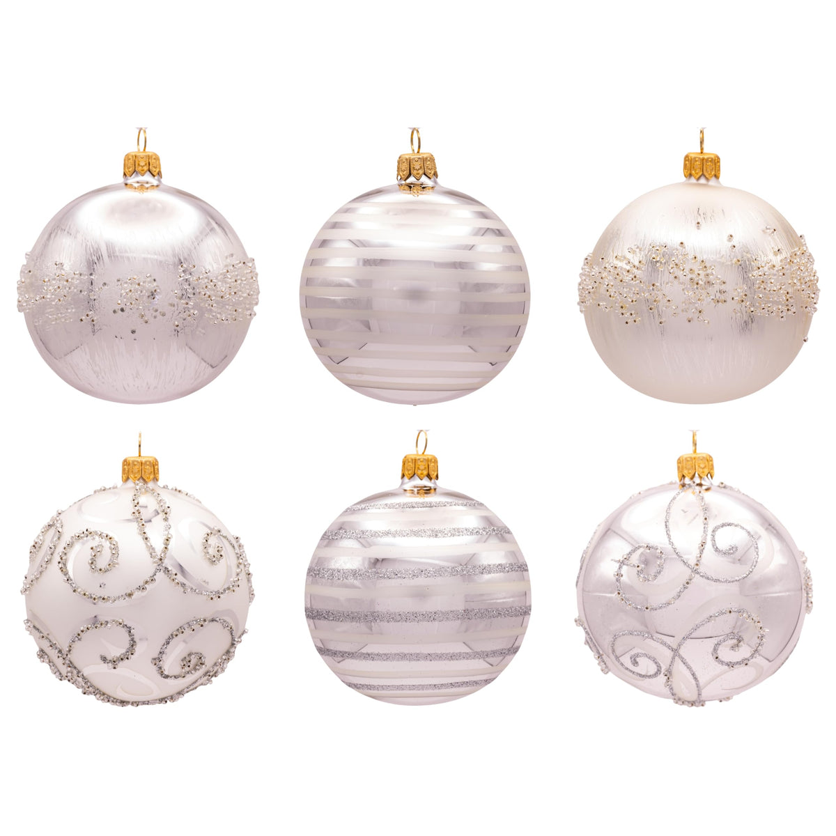 Luxury Handcrafted European Glass Christmas Ball Ornaments - Set of 6 - Silver & White - Satin & Shine - 8 cm - Mouth-Blown & Hand-Painted