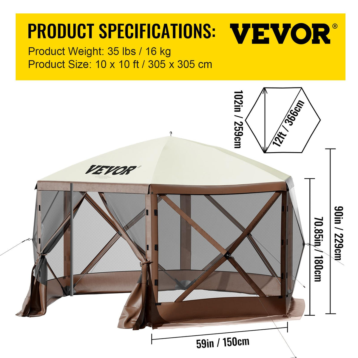 VEVOR Pop Up Gazebo Screen Tent, Pop-Up Instant Gazebo Tents with Mosquito Netting Outdoor Canopy, 6 Sided Sun Shelter 10x10ft with 6 Removable Wind Cloths & 2 Mesh Windows, Pavilion Tent for Patio