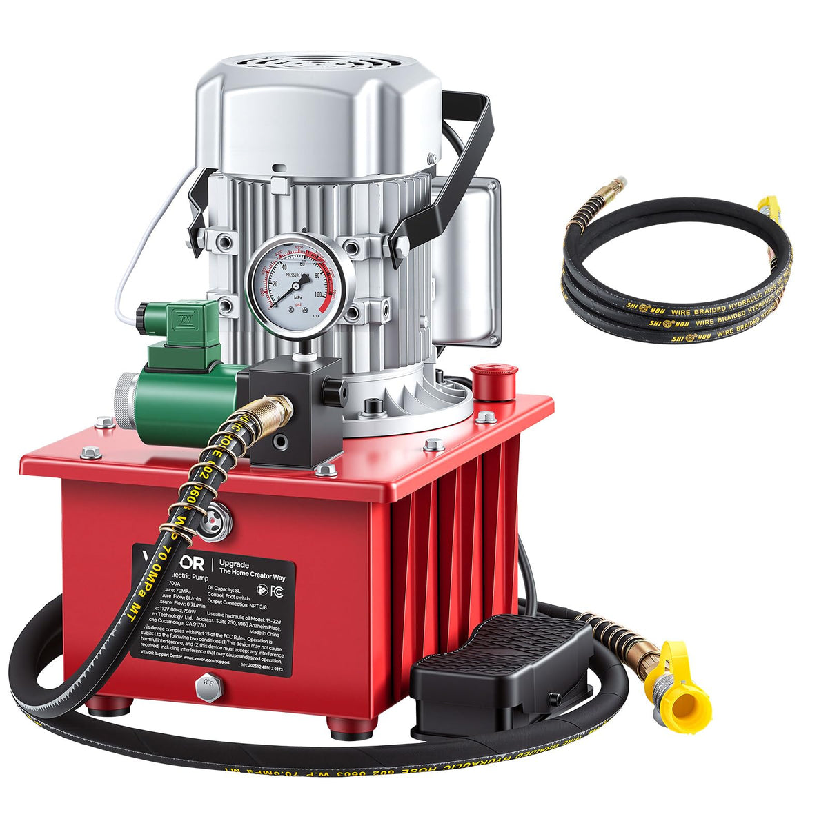 VEVOR Electric Driven Hydraulic Pump, 750W 10,000 PSI, 120V Single Acting Hydraulic Pump Power Pack Unit, Solenoid Valve with Pedal Switch, 2.1 Gal / 8L, for Punching, Bending, Single Acting Cylinders