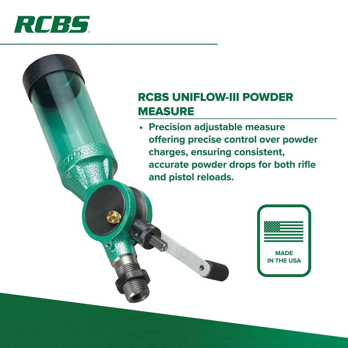 RCBS Uniflow III Powder Measure - 0.5–95 Grain Range - Precision Reloading Powder Dispenser with Anti-Static Hopper - Rifle and Pistol Compatible