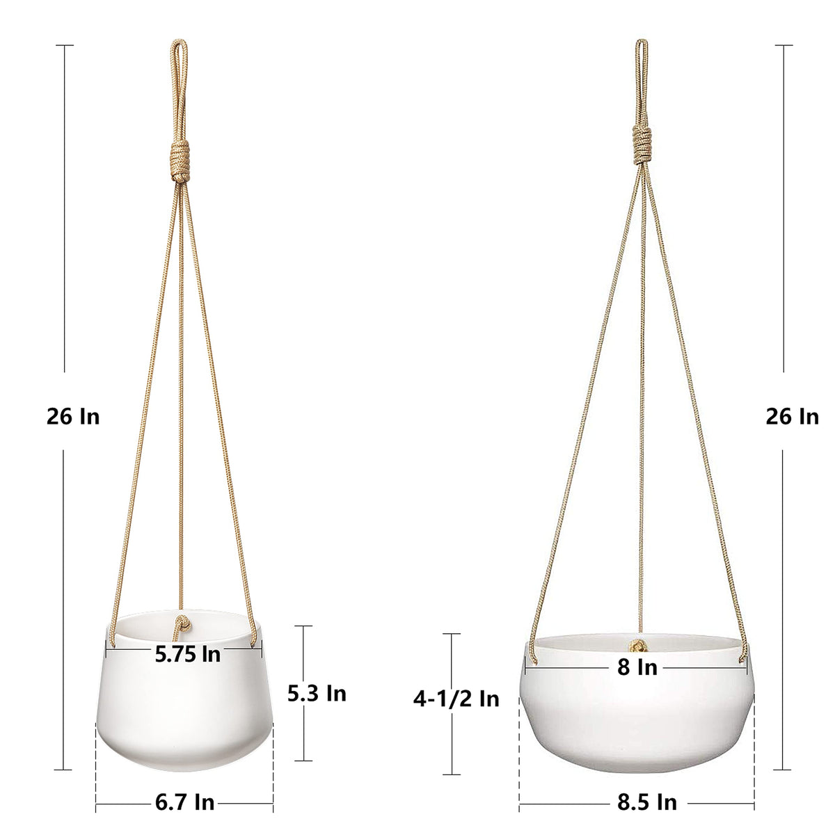 Mkono Ceramic Hanging Planter and Ceiling Hooks, Shallow 8 Inch and Deep 6 Inch for Indoor Outdoor Plants, Set of 2 Modern Plant Pot Geometric Porcelain Hanging Basket with Polyester Rope Hanger