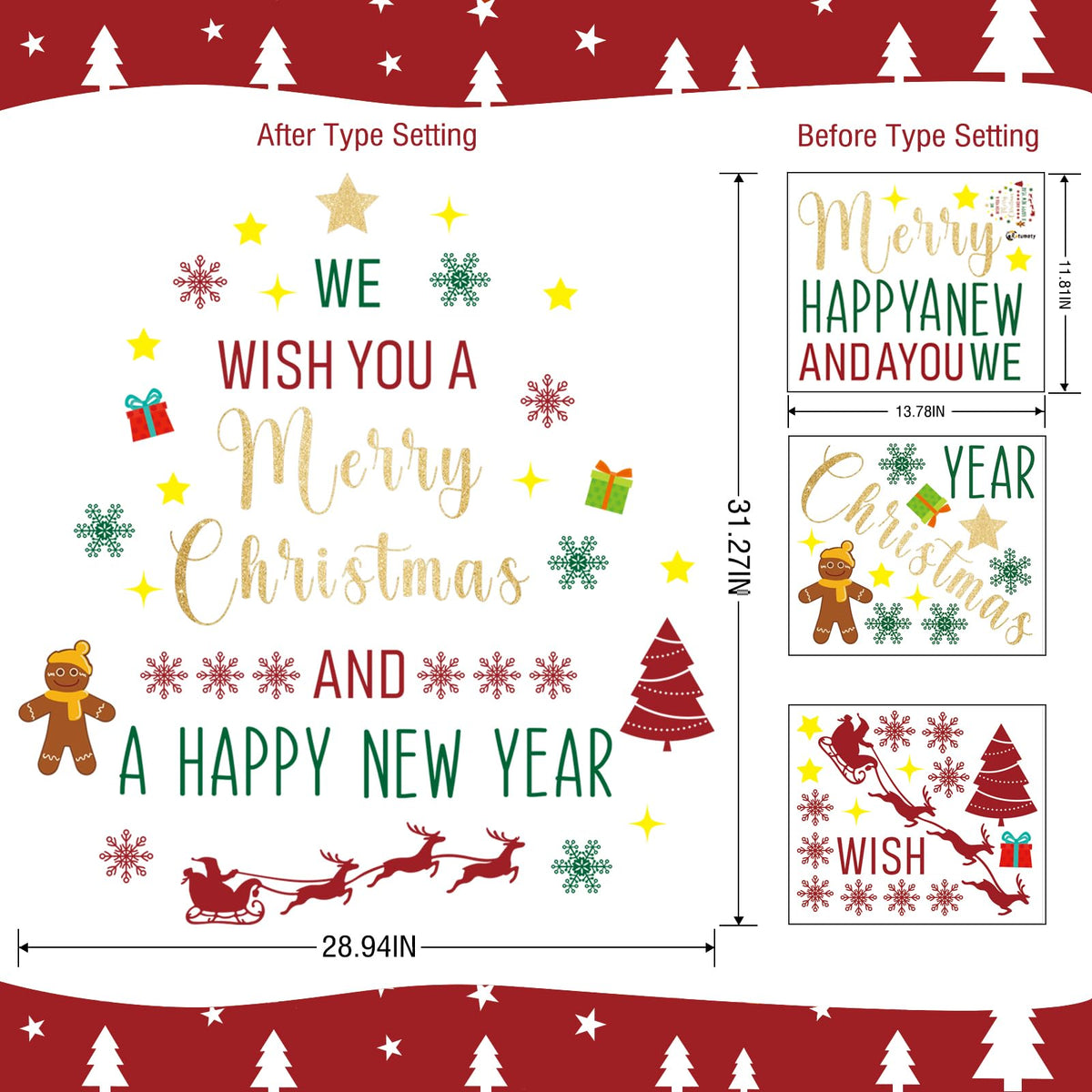 Rotumaty Christmas Wall Decals Stickers Decor Glitter Merry Christmas Tree Happy New Year Quote Decorations Holiday Seasonal Wall Art Decor for Home Office Classroom Party Ornaments