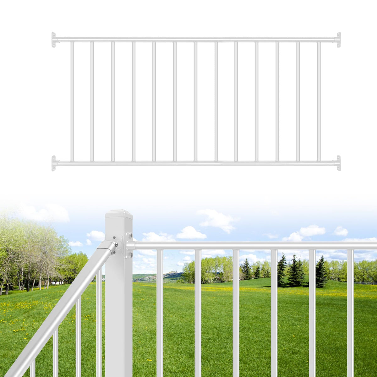 SunCrafts Heavy Duty Steel Deck Railing System, 38 in. H x 6 ft. W Galvanized Guardrail Deck Railing Kit with White Powder-Coated Finish for Outdoor Decks, Porches & Balconies