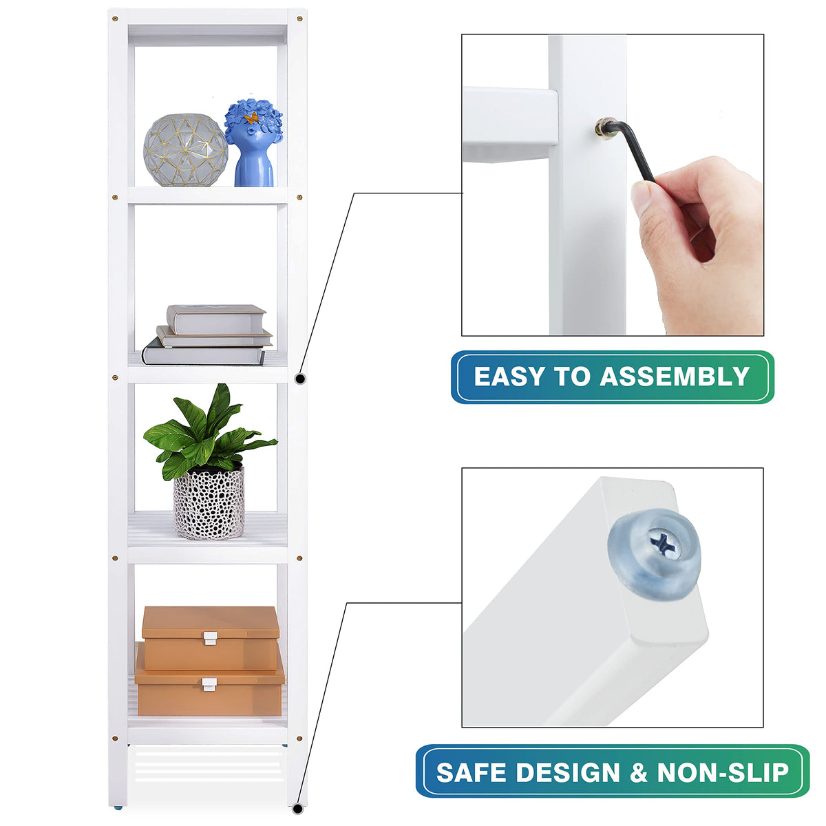 SMIBUY Bathroom Storage Shelf, 4-Tier & 5-Tier Bamboo Rack Organizer, Multifunctional Shelving Unit for Living Room Bedroom Kitchen (White)